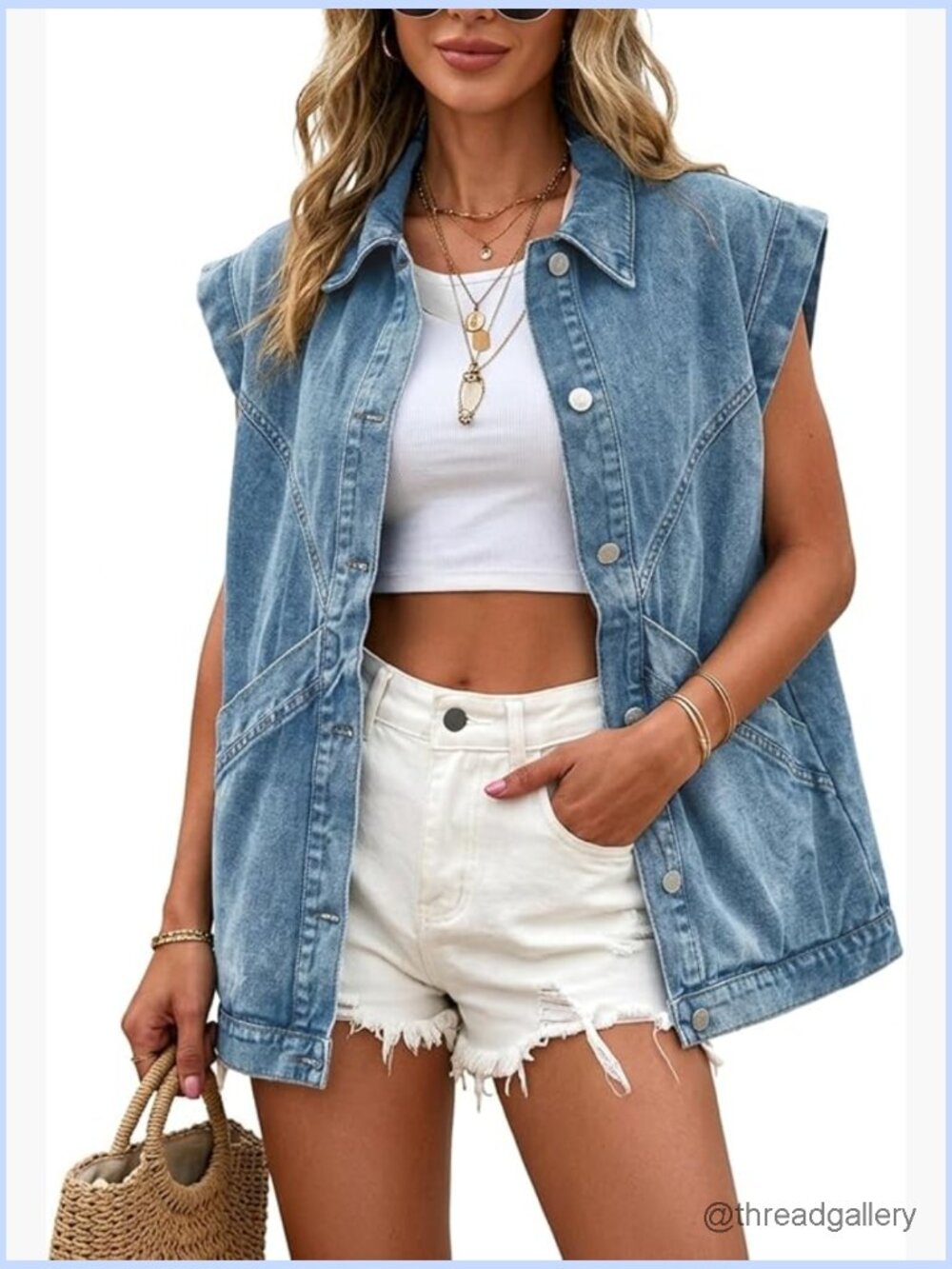 Oversized Sleeveless Denim Vest Button Down Lapel Jean Vest with Huge Pockets